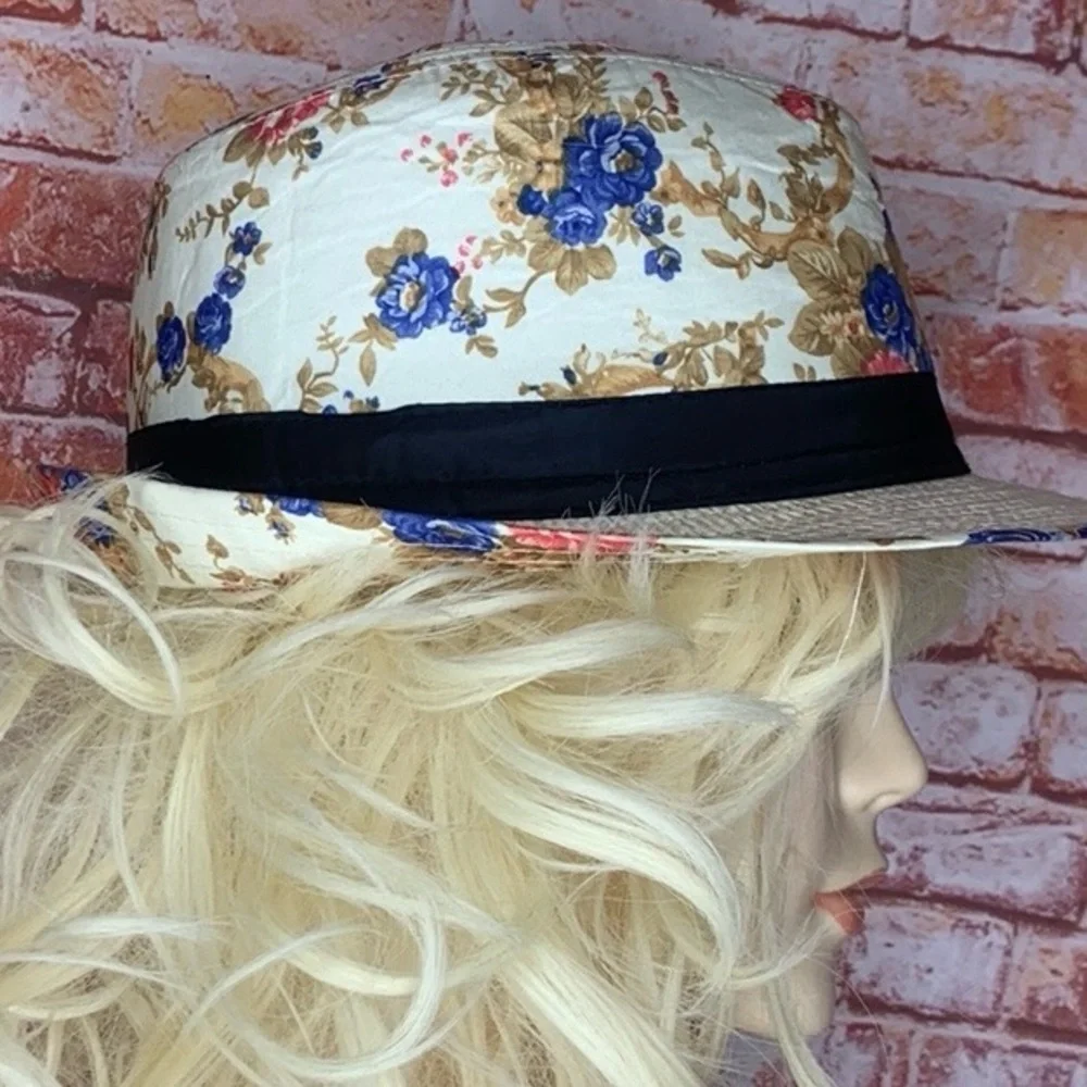 Cream Floral Retro Straw Brim Fedora Hat